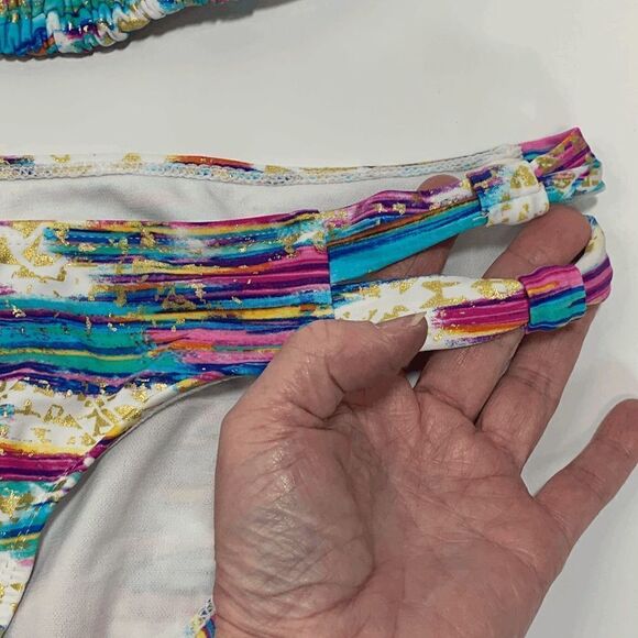 Women's Striped Two Piece Triangle Split Neck Swimsuit Multi-Color Size Large - Picture 2 of 5